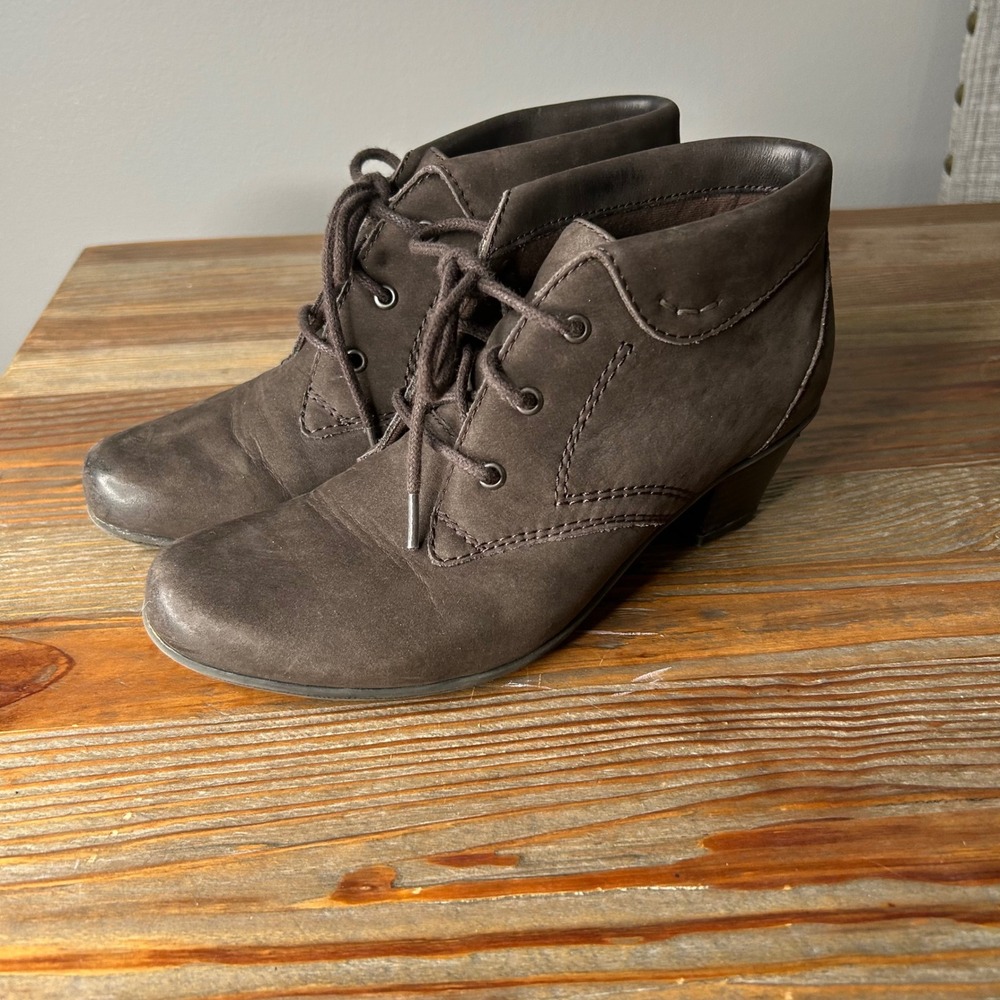 Earth Dark Brown Leather Lace Up Ankle Boots Booties‎ Stacked Heel Womens 5.5